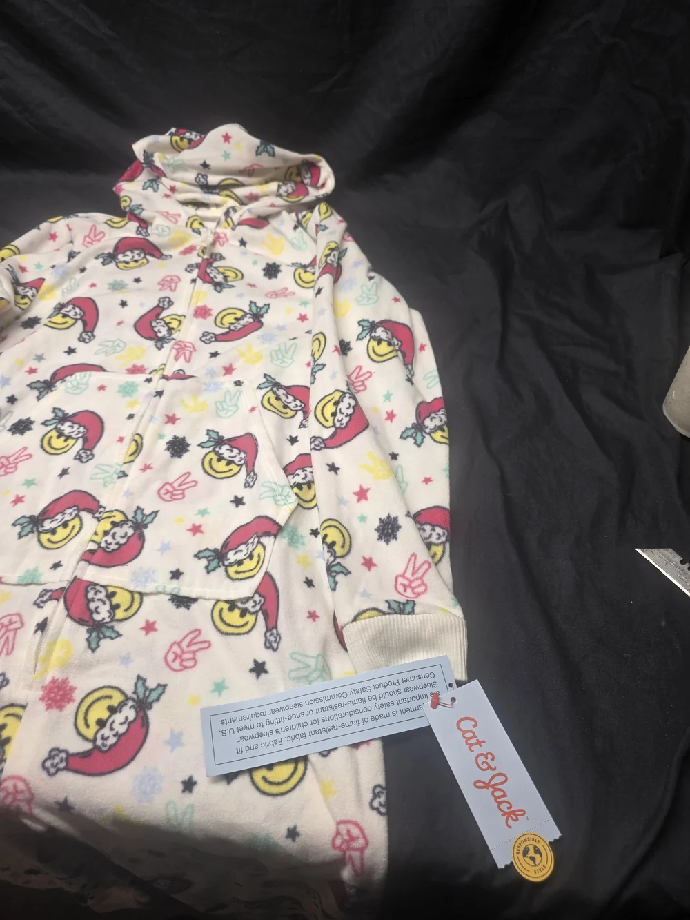 Cat & Jack Kids Christmas Smiley Santa Hooded Fleece Union Suit Pajamas XL (14)